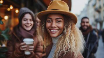 ai généré élégant les citadins prendre plaisir café les pauses, partage leur sourit et mode sens photo