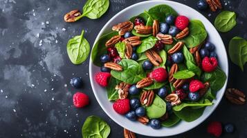 ai généré un exquis épinard et baie salade orné avec myrtilles, framboises, et confit noix de pécan photo