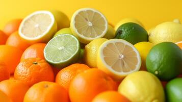 ai généré une coloré mélange de citrons, citrons verts, et des oranges arrangé dans une harmonieux afficher photo