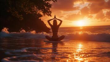 ai généré une femme pratiquant yoga sur une serein, isolé plage, sa corps silhouette contre le lever du soleil photo