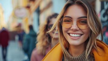 ai généré à la mode femmes sur Urbain des rues, en toute confiance souriant dans le camer photo