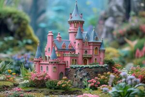 ai généré une majestueux rose Château monte comme une rêver au milieu de luxuriant jardins, en forme pour une Princesse photo