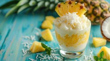 ai généré une tropical paradis dans une verre avec noix de coco Lait gelée, orné avec Frais ananas morceaux photo