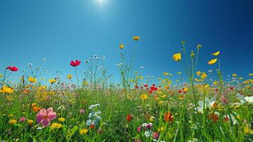 ai généré une vibrant Prairie à pois avec fleurs sauvages contre une clair bleu ciel fête le arrivée de printemps photo