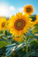 ai généré tournesols permanent grand, leur d'or visages Suivant le du soleil chemin à travers le ciel photo