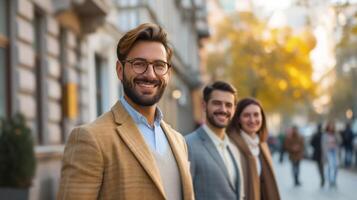 ai généré Beau citadins dans élégant tenue, en toute confiance souriant parmi ville décors photo