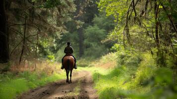 ai généré une cavalier jouit une serein Piste balade au milieu de luxuriant, boisé alentours photo