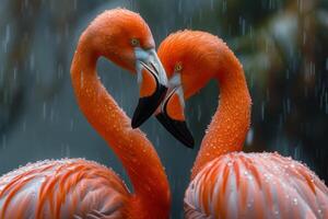 ai généré deux flamants roses partager une soumissionner moment comme elles ou ils engager dans une toilettage rituel photo