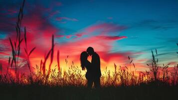 ai généré une des couples passionné baiser en dessous de une vibrant coucher de soleil, l'amour enflammer dans le crépuscule photo