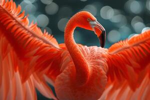 ai généré une fermer capture le complexe détails de une flamant rose tendu ailes dans en plein vol photo