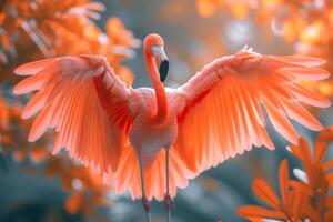 ai généré une fermer capture le complexe détails de une flamant rose tendu ailes dans en plein vol photo