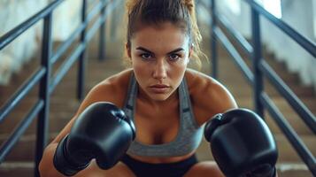 ai généré concentré femelle boxeur dans athlétique porter et gants formation sur Gym escaliers photo