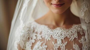 ai généré de mariée dentelle robe détaillant dans fermer photo