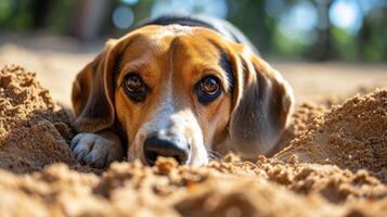 ai généré espiègle beagle creusement dans bac à sable photo