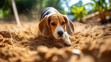 ai généré espiègle beagle creusement dans bac à sable photo