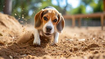 ai généré espiègle beagle creusement dans bac à sable photo