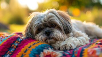 ai généré une shih tzu trempage en haut le Soleil tandis que se prélasser sur une coloré pique-nique couverture photo