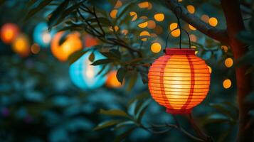 ai généré coloré lanternes pendaison de arbre branches, éclairant une de fête jardin fête photo