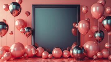 ai généré élégant fête décoration avec rouge des ballons et Cadre photo