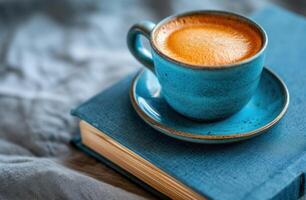 ai généré une tasse de café sur une bleu livre photo