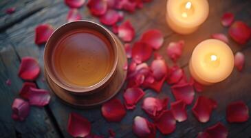 ai généré une tasse de thé avec Rose pétales et bougies sur une en bois table photo