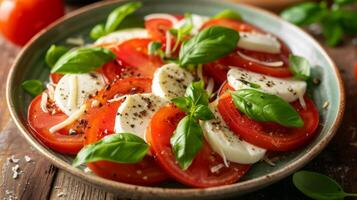 ai généré salade de tranché tomates, mozzarella et basilic feuilles photo