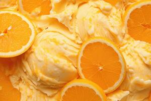 ai généré délicieux rafraîchissant crémeux italien Orange crème glacée pour une été dessert ou emporter, proche en haut plein Cadre Contexte texture photo