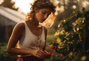 ai généré une femme est cueillette des fraises dans le champ, joyeux et optimiste photo