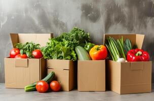 ai généré nombreuses papier carton des boites rempli avec des légumes et autre nourriture photo