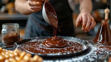 ai généré une cuisinier dans une rue café se répand Chocolat propager sur une crêpe photo