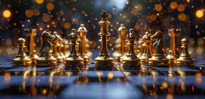 ai généré d'or échecs pièces sur une noir carrelé photo