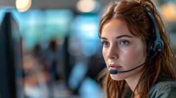 ai généré une réfléchi femme travail comme une bureau d'aide un service agent photo