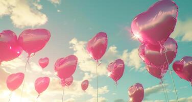 ai généré cœur en forme de des ballons flottant dans le ciel, photo