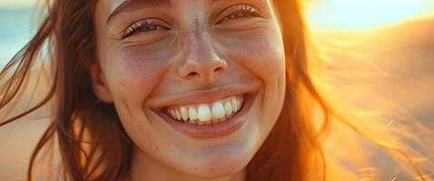 ai généré une proche en haut photo de Quelqu'un souriant et souriant