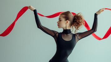 ai généré fille gymnaste dans une noir costume danses avec une rouge ruban photo