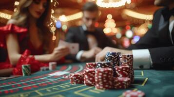 ai généré une Jeune couple pièces poker dans une casino. une homme est habillé dans une noir costume, une femme est habillé dans une rouge satin robe photo