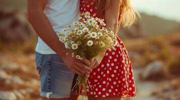 ai généré une homme dans denim short et une T-shirt donne une bouquet de marguerites à une fille portant une rouge polka point robe d'été photo