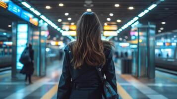ai généré une Jeune femme d'affaires en marchant par une train station porte photo
