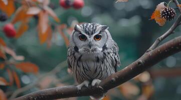 ai généré un hibou est perché sur une branche avec pin cônes photo