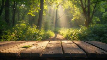 ai généré un vide en bois podium, baigné dans doux lumière du soleil, au milieu de une tranquille forêt clairière photo