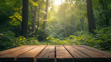 ai généré un vide en bois podium, baigné dans doux lumière du soleil, au milieu de une tranquille forêt clairière photo