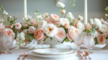 ai généré un élégant table réglage orné avec Frais des roses et pivoines photo