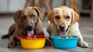ai généré deux content chiens Heureusement manger leur nourriture de coloré boules photo