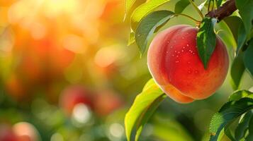 ai généré magnifique juteux mûr pêche pendre sur une branche dans le été jardin photo