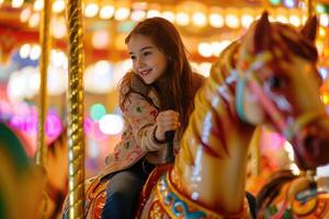 ai généré peu fille exprimer excitation sur coloré carrousel, joyeux aller rond, ayant amusement à amusement parc photo