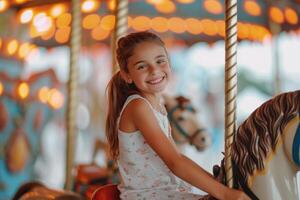 ai généré peu fille exprimer excitation sur coloré carrousel, joyeux aller rond, ayant amusement à amusement parc photo