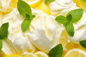 ai généré délicieux rafraîchissant crémeux italien citron ou vanille crème glacée pour une été dessert ou emporter, proche en haut plein Cadre Contexte texture photo