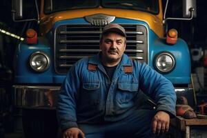 ai généré un camion réparation magasin propriétaire dans uniforme dans le garage, un camion sur Contexte photo