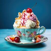 ai généré gourmet saveur de italien la glace crème dans vibrant couleurs servi dans individuel porcelaine tasse sur une bleu Contexte photo