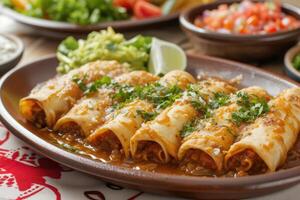 ai généré mexicain poulet enmoladas de encacahuatado, ou Môle Poblano enchiladas, Môle nègre, pipien photo